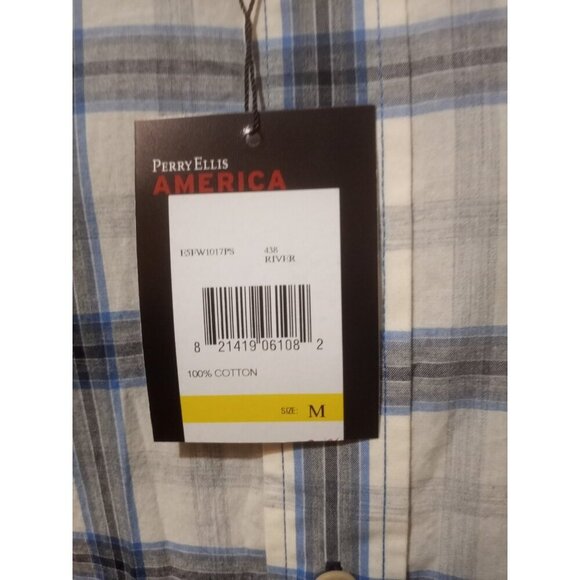 New Perry Ellis America men's long sleeve button White Blue Shirt Medium M NWT - Picture 2 of 12